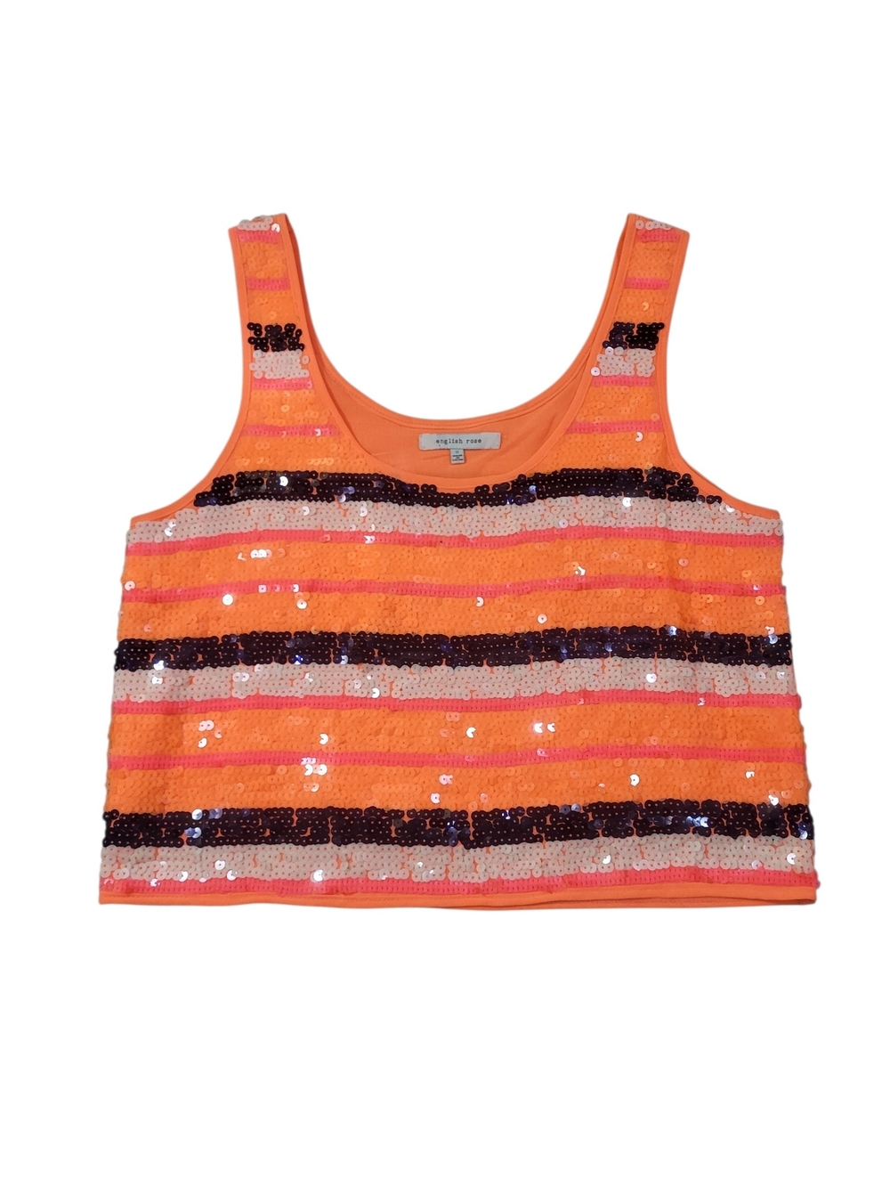 Orange Sequin Stripe Crop Tank Top